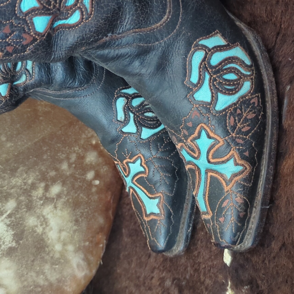 CORRAL R2482 Espresso brown & turquoise inlay crosses & roses cowgirl boots sz 7 - Picture 8 of 16